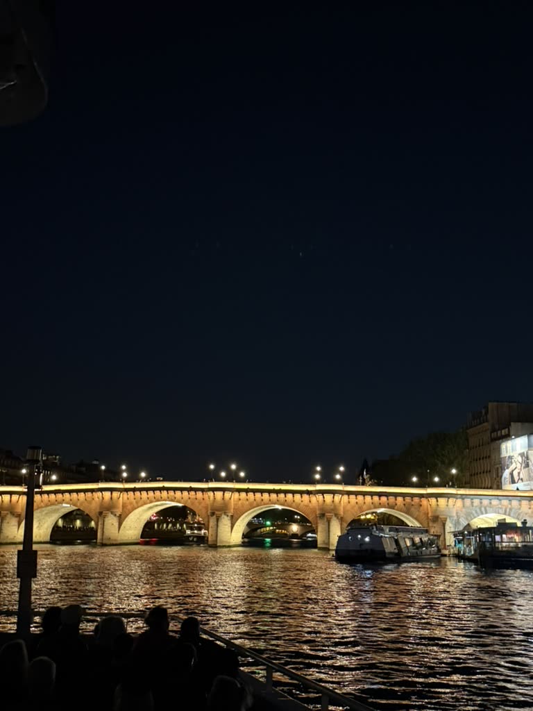 The lit arches of the Pont Neuf reflected in the Seine at night, seen from a passing boat