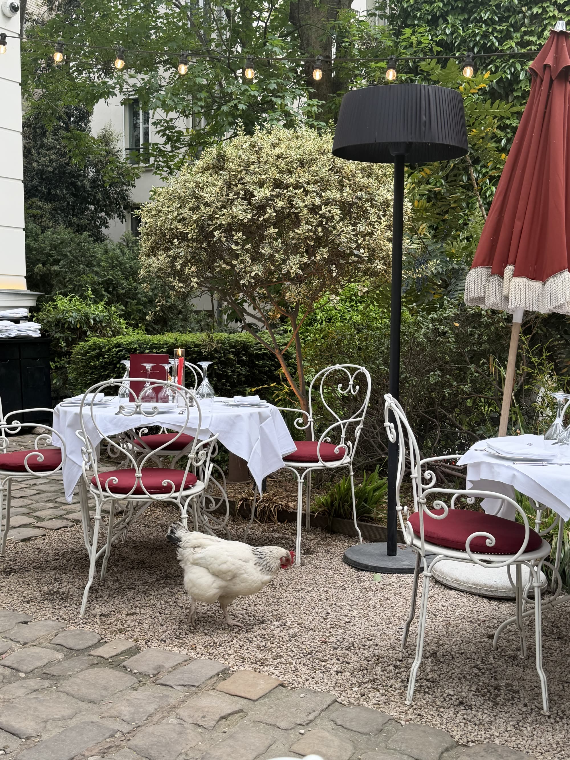 The garden at Hôtel Particulier Montmartre, white ironwork chairs with deep red cushions, laid tables under festoon lights, and a chicken crossing the gravel