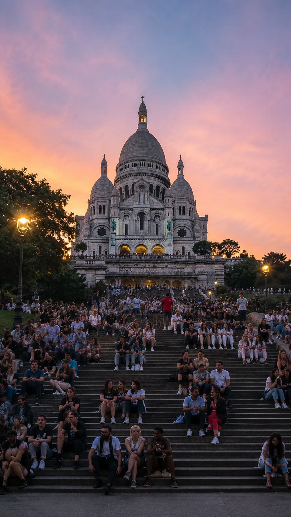 The steps below Sacré-Cœur crowded with people at sunset, the basilica lit against a pink sky